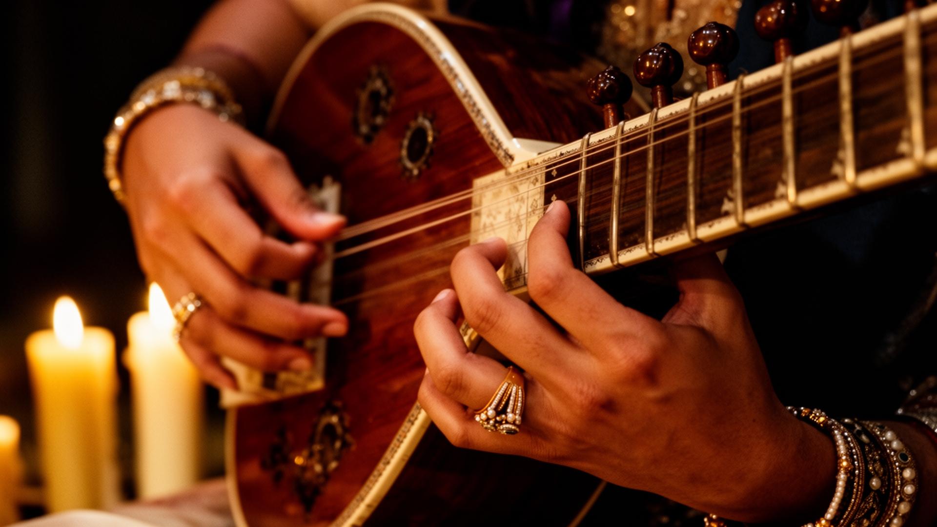 Hands moving on a sitar in candlelight