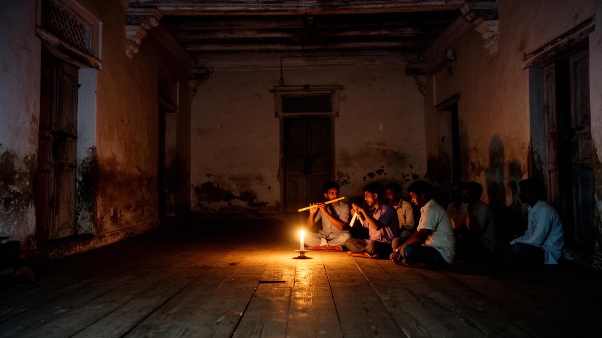 A flute player in an old room lit by candle
