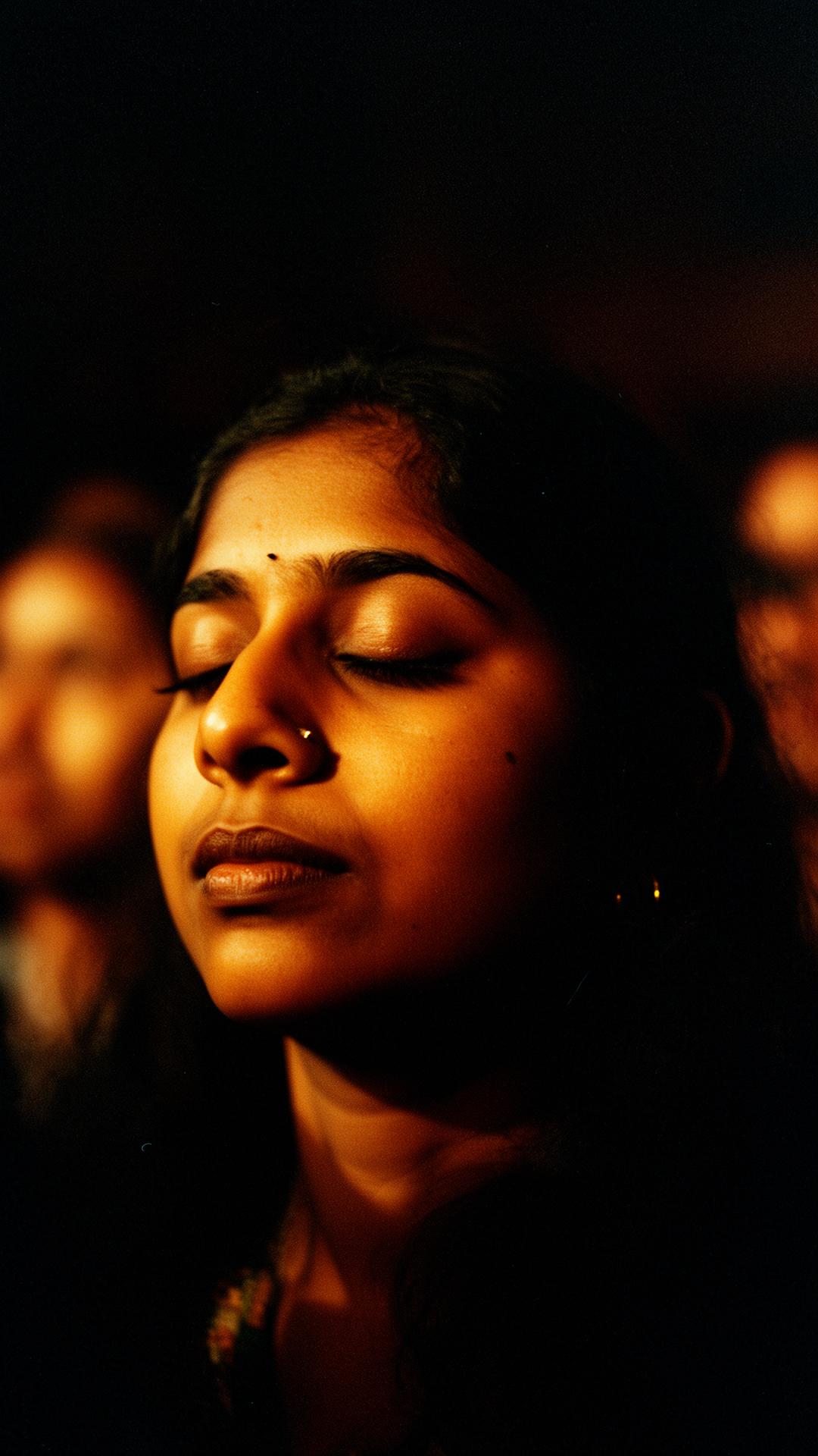 A listener with eyes closed in warm candlelight